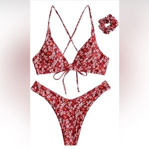 Women's Floral Print Lace-up Crisscross Bralette Bikini Set Swimsuit (S-…
